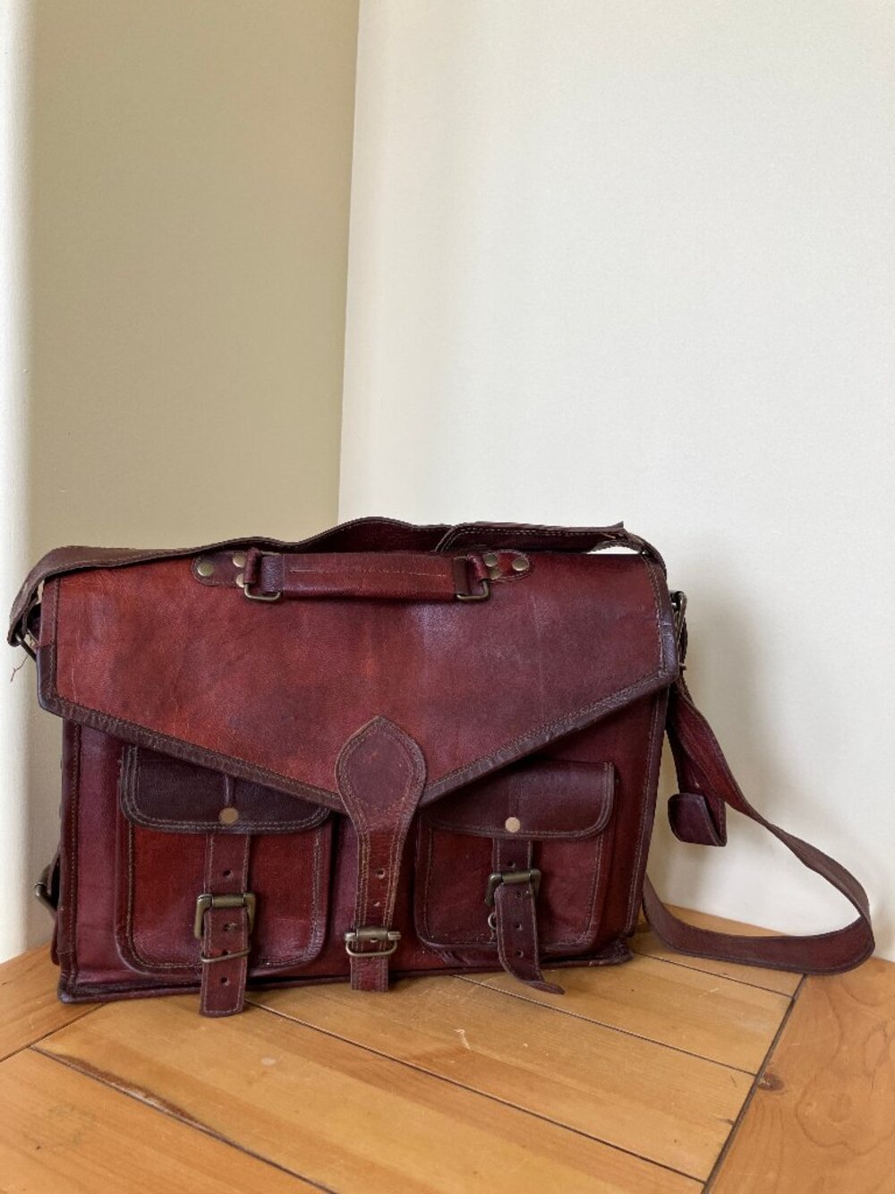Waxed Leather Briefcase Satchel Shoulder Bag Brown Multi Pocket Organizer